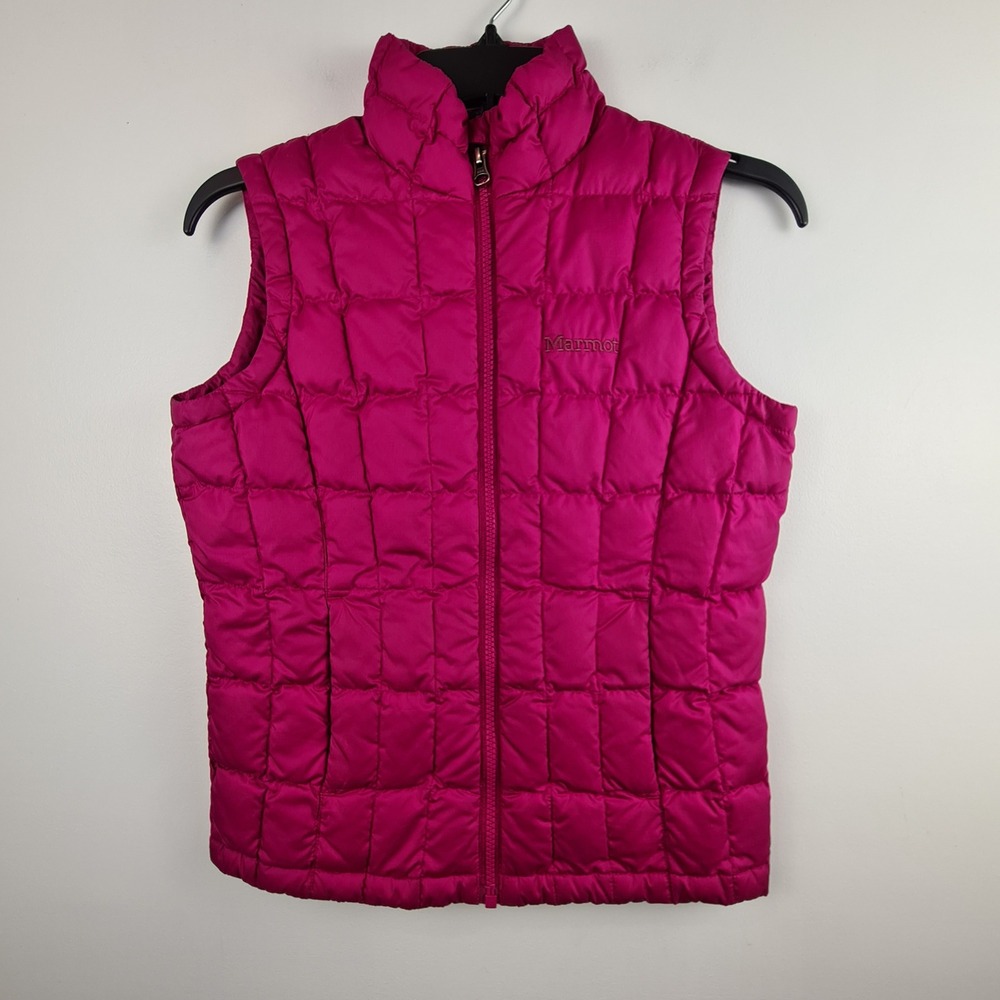 Marmot Womens Fuchsia Quilted Down Puffer Vest Mock Neck Full Zip Size Medium